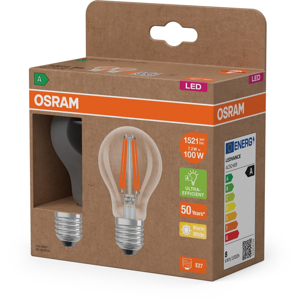 Set 2 becuri LED filament OSRAM, E27, 7.2W, 1521lm, lumina calda
