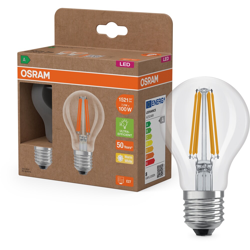 Set 2 becuri LED filament OSRAM, E27, 7.2W, 1521lm, lumina calda