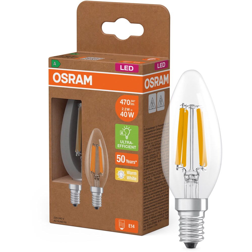 Set 2 becuri LED filament OSRAM, E14, 2.2W, 470lm, lumina calda