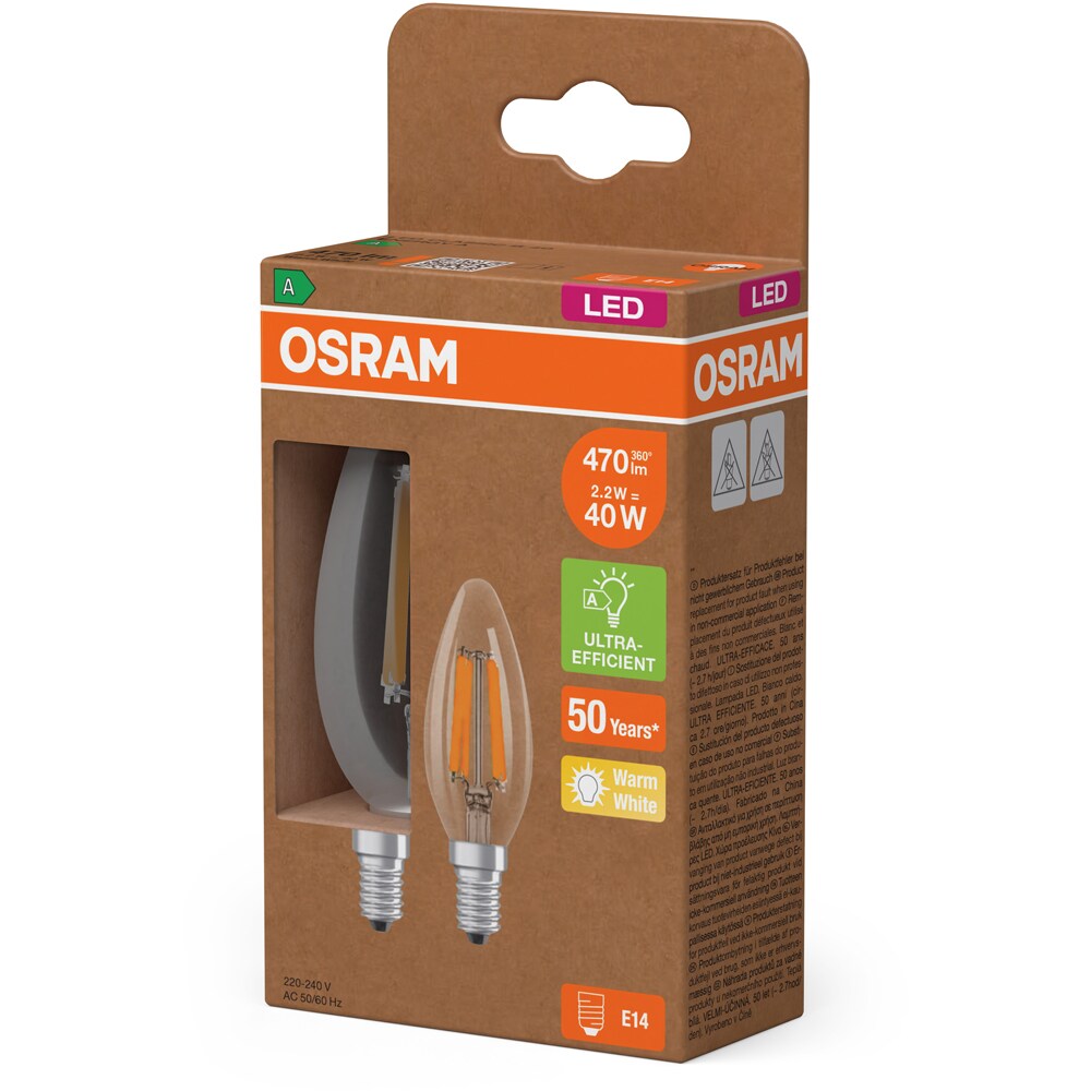 Set 2 becuri LED filament OSRAM, E14, 2.2W, 470lm, lumina calda