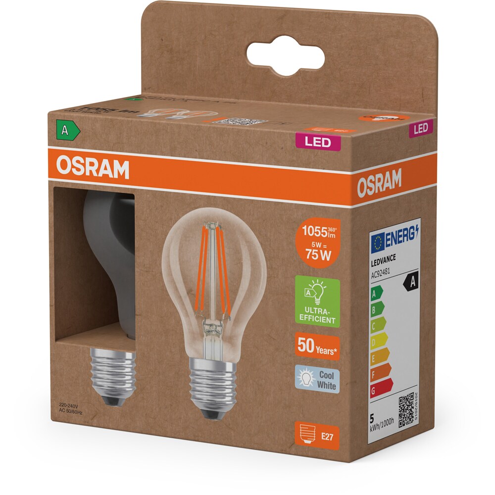 Set 2 becuri LED filament OSRAM, E27, 5W, 1055lm, lumina neutra