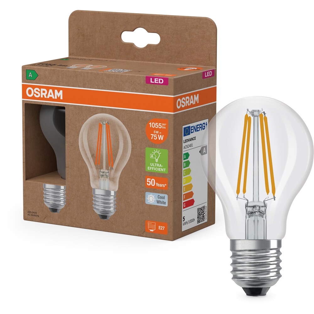 Set 2 becuri LED filament OSRAM, E27, 5W, 1055lm, lumina neutra
