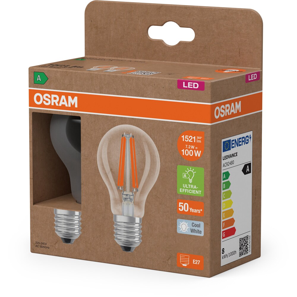 Set 2 becuri LED filament OSRAM, E27, 7.2W, 1521lm, lumina neutra