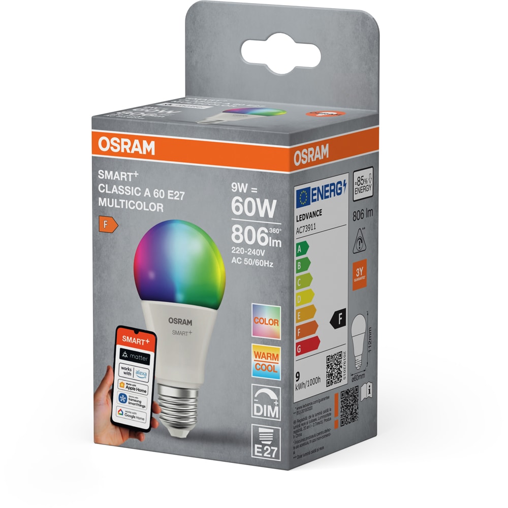 Bec LED OSRAM, RGB, Wi-Fi, E27, 9W, 806lm, lumina variabila
