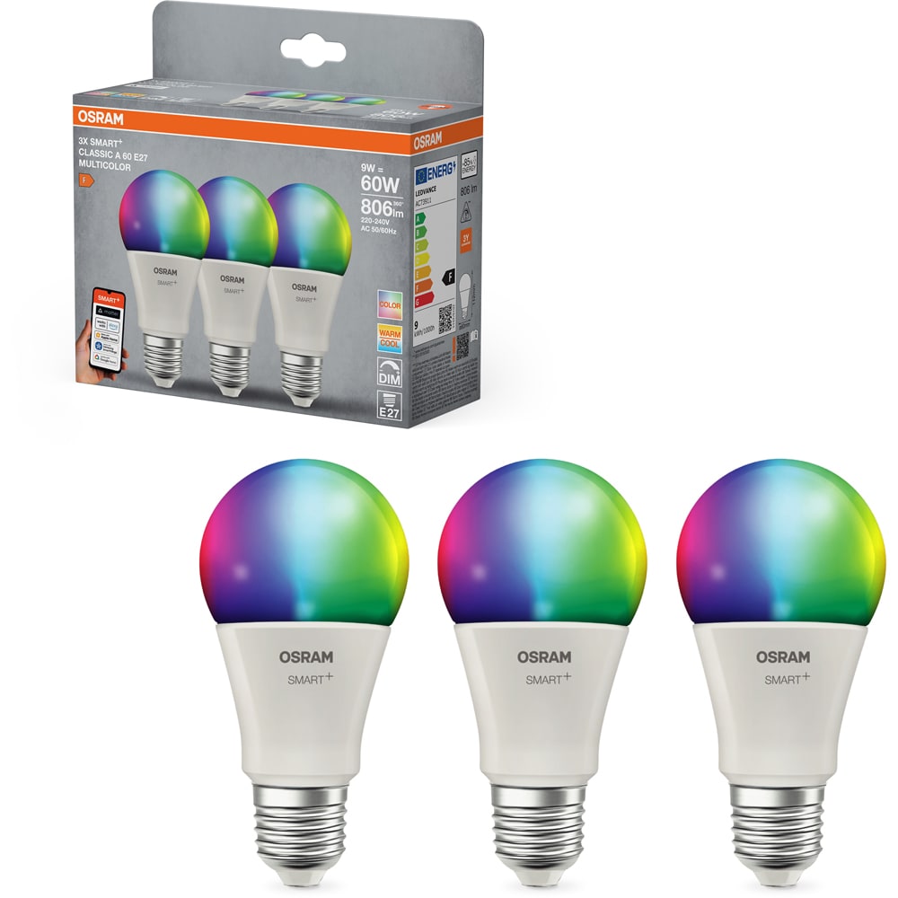 Set 3 becuri OSRAM, RGB, Wi-Fi, E27, 9W, 806lm, lumina variabila