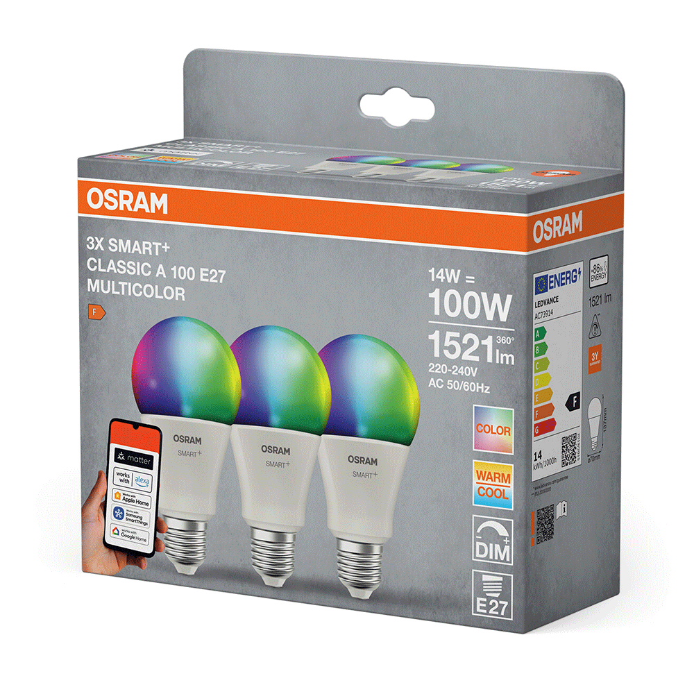Set 3 becuri LED Wi-Fi OSRAM, E27, 14W, 1521lm, lumina variabila