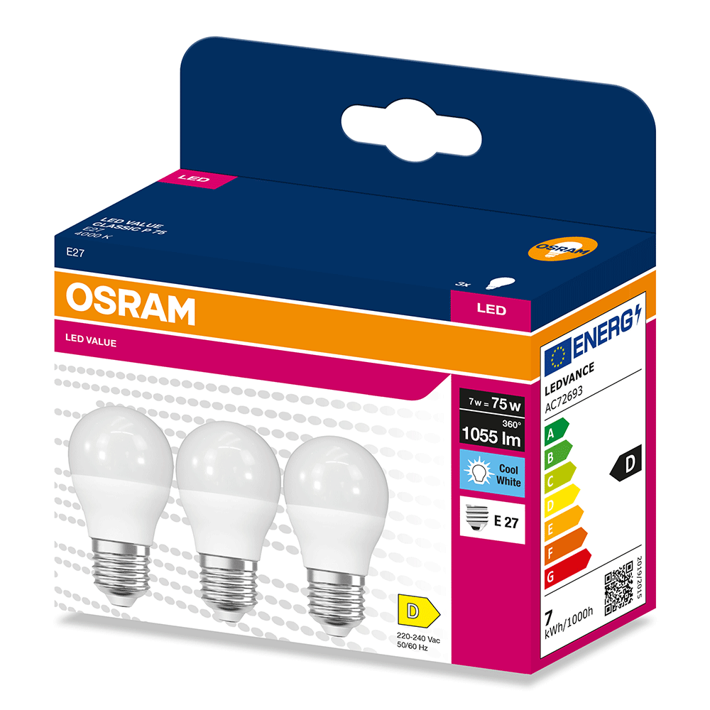 Set 3 becuri LED OSRAM, E14, 7W, 1055lm, lumina neutra