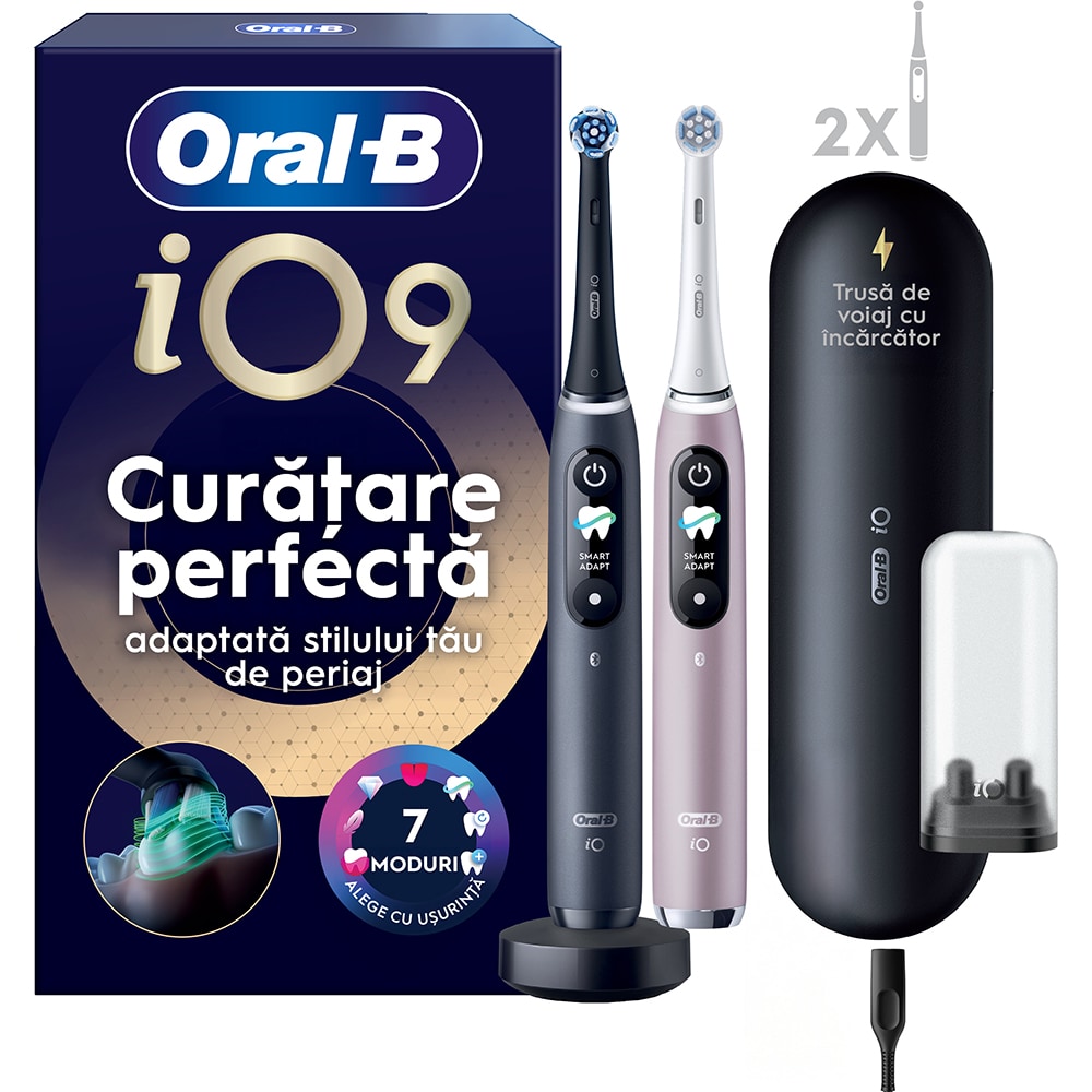 Set 2 Periute de dinti electrice ORAL-B iO9 , Tehnologie Magnetica si Micro-Vibratii, 8800 pulsatii/min, 7 moduri, 2 capete, trusa de calatorie, negru/roz