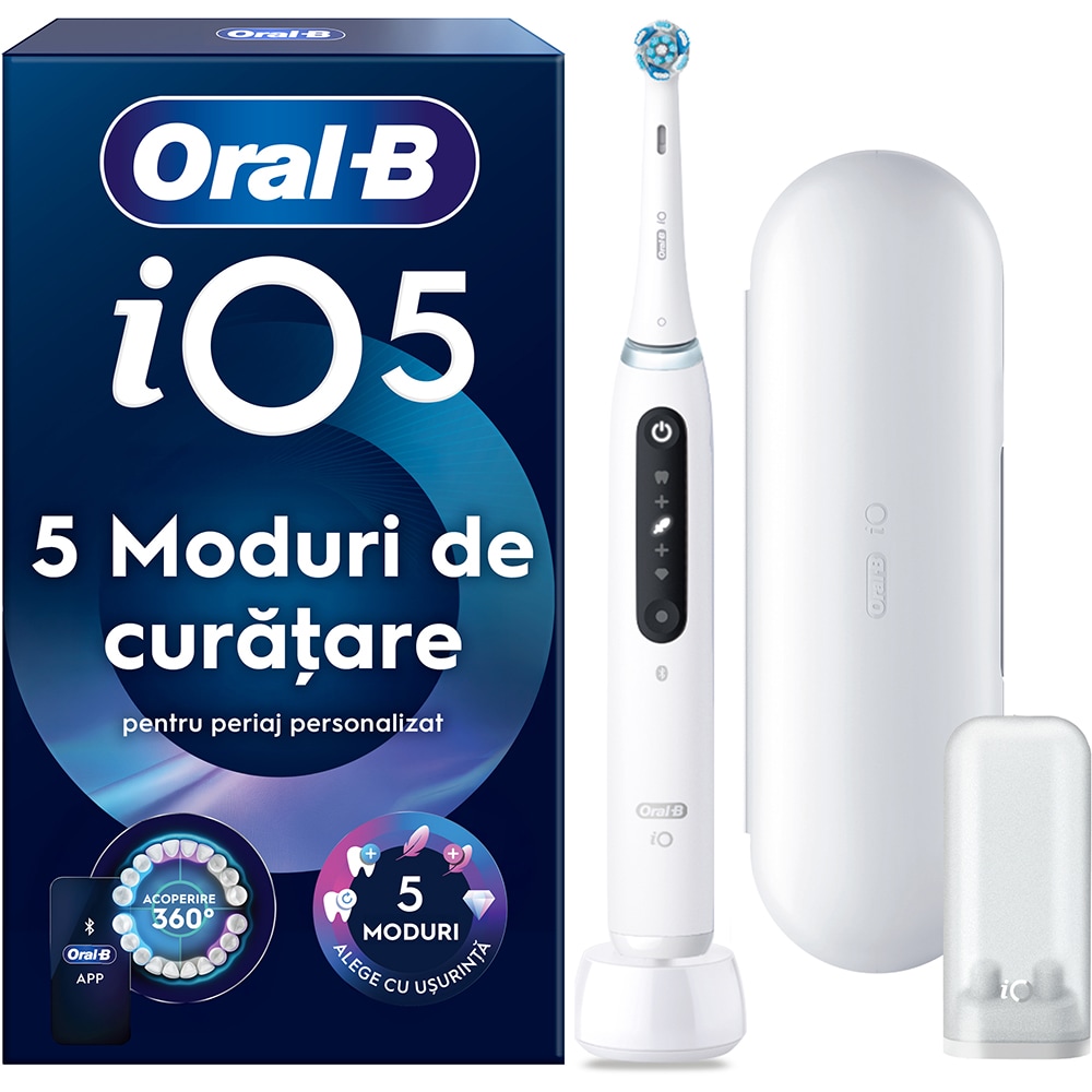 Periuta de dinti electrica ORAL-B iO5, Bluetooth, 40000 miscari/min, Curatare 3D, 5 programe, 1 capat, alb