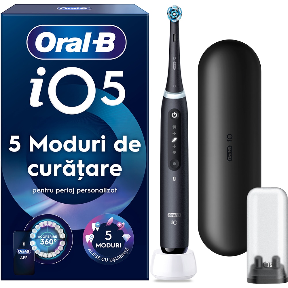 Periuta de dinti electrica ORAL-B iO5, Bluetooth, 40000 miscari/min, Curatare 3D, 5 programe, 1 capat, negru
