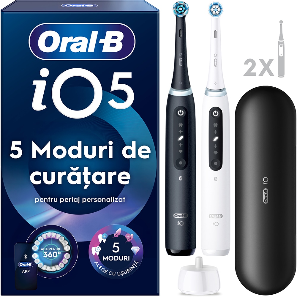 Set 2 periute de dinti electrice ORAL-B iO5, Bluetooth, 40000 pulsatii/min, Curatare 3D, 5 programe, 2 capate, alb-negru