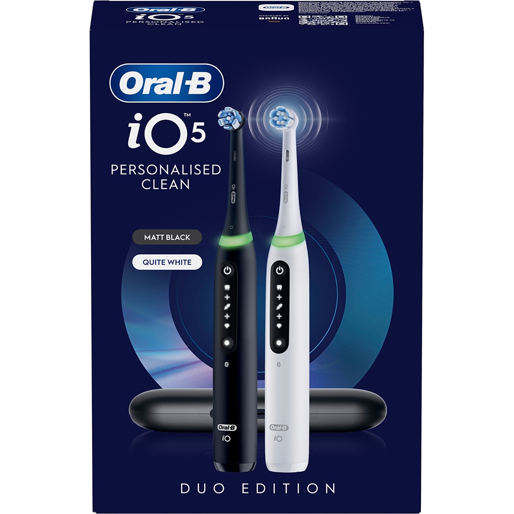Set 2 periute de dinti electrice ORAL-B iO5, Bluetooth, 40000 pulsatii/min, Curatare 3D, 5 programe, 2 capate, alb-negru