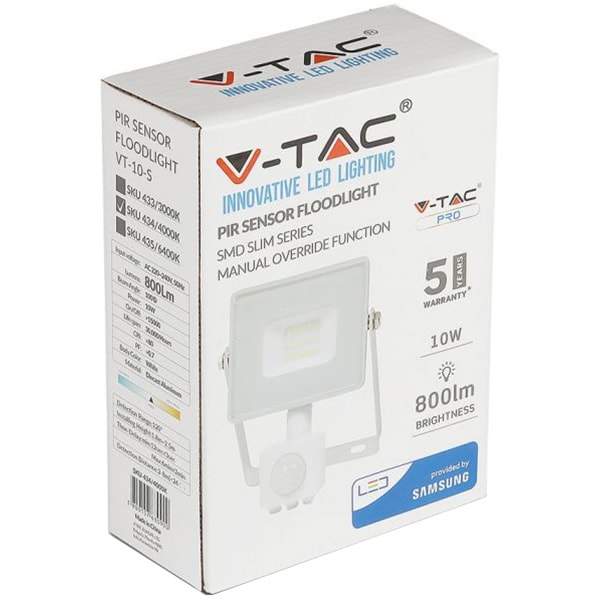 Proiector LED V-TAC 434, 10W, 800 lumeni, IP65, lumina naturala, alb