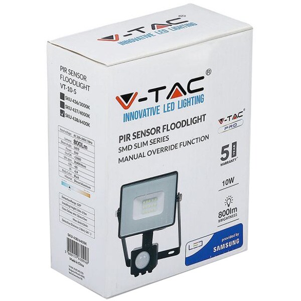Proiector LED V-TAC 437, 10W, 800 lumeni, IP65, lumina naturala, negru