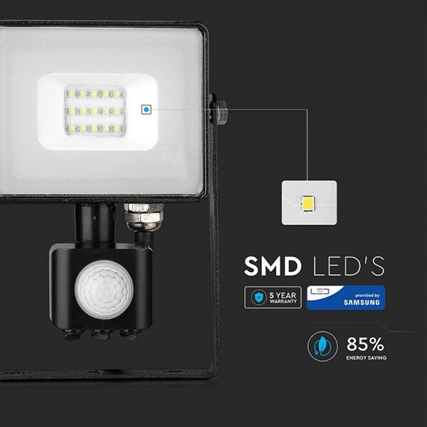 Proiector LED V-TAC 437, 10W, 800 lumeni, IP65, lumina naturala, negru
