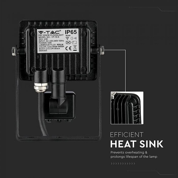 Proiector LED V-TAC 437, 10W, 800 lumeni, IP65, lumina naturala, negru