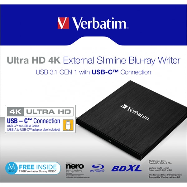 Blu-Ray Writer extern VERBATIM Slimline 43888 Ultra HD 4K, USB 3.1, negru