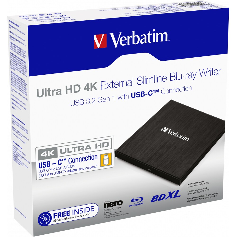 Blu-Ray Writer extern VERBATIM Slimline 43888 Ultra HD 4K, USB 3.2 Type-C, negru