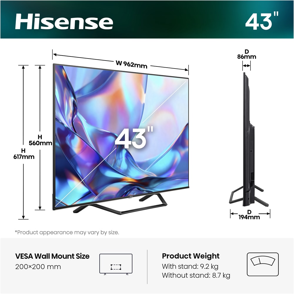 Televizor HI-QLED Smart HISENSE 43A7S, Ultra HD 4K, HDR, 108cm