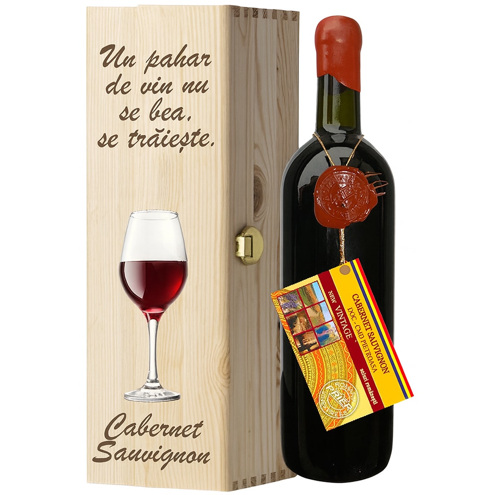 Set Vin rosu sec Murfatlar Cabernet Sauvignon, cutie lemn, 0.75L