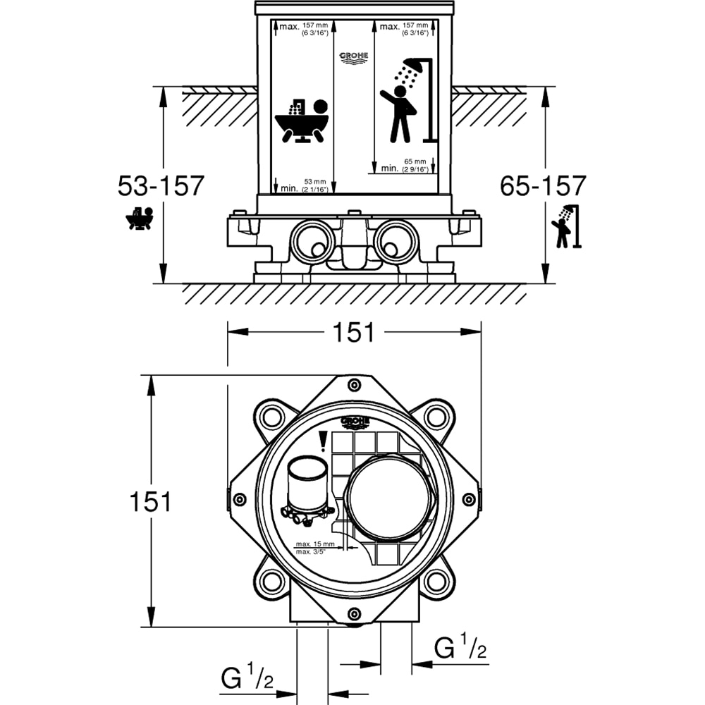 Set instalare incastrata 1/2" pentru baterii cada/dus GROHE 45984001
