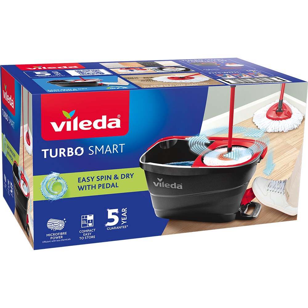 Set galeata cu storcator + mop + maner telescopic VILEDA Turbo Smart, rosu-negru