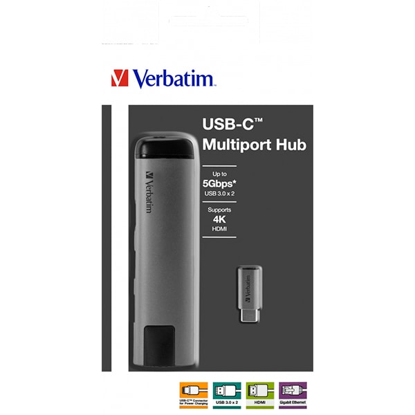 Hub USB Type-C VERBATIM 49141, USB 3.0, HDMI, Ethernet, gri-negru