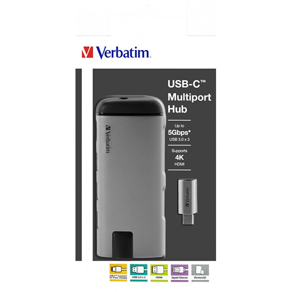 Hub USB Type-C VERBATIM 49142, USB 3.0, HDMI, Ethernet, SD/microSD, gri-negru