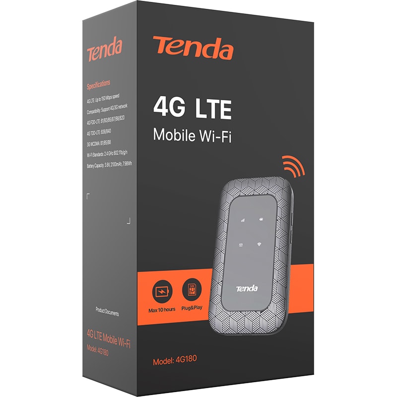 Router Wireless portabil TENDA 4G180 V3, Single-Band 150 Mbps, 4G LTE, negru-gri