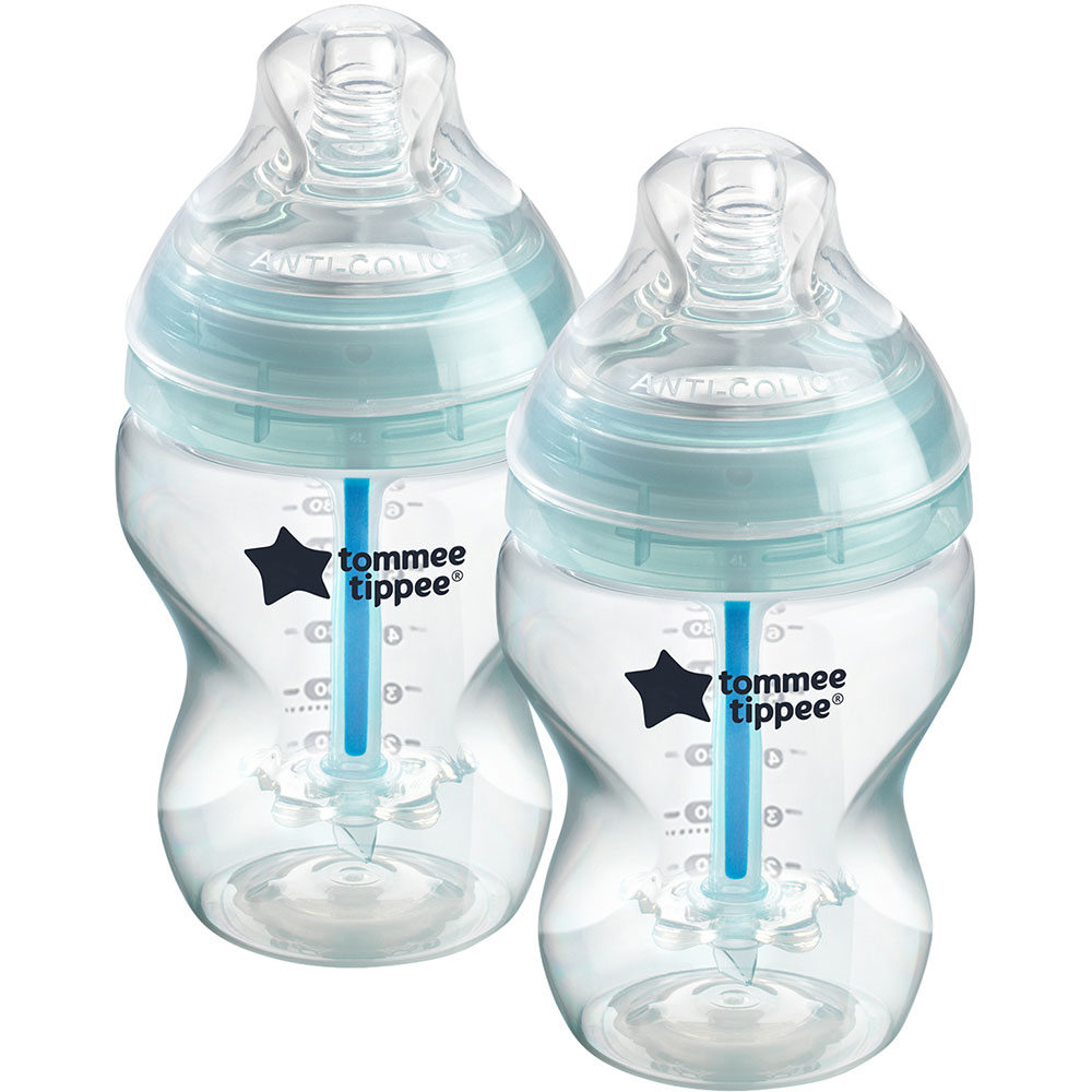 Set biberoane cu sistem de ventilatie TOMMEE TIPPEE Advanced: 2 biberoane 260ml, flux lent, 0 luni +, albastru - transparent