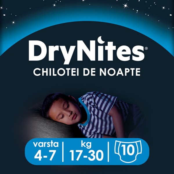 Scutece chilotel HUGGIES DryNites, Baiat, 4-7 ani, 17-30 kg, 10 buc