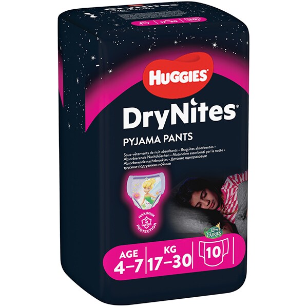 Scutece chilotel HUGGIES DryNites, Fata, 4-7 ani, 17-30 kg, 10 buc