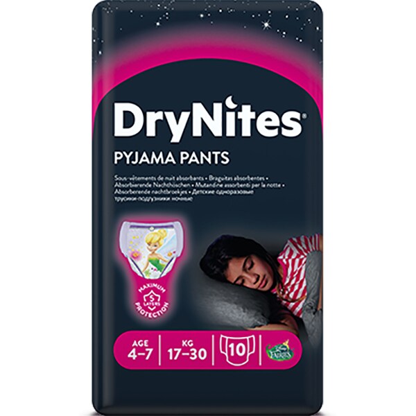 Scutece chilotel HUGGIES DryNites, Fata, 4-7 ani, 17-30 kg, 10 buc