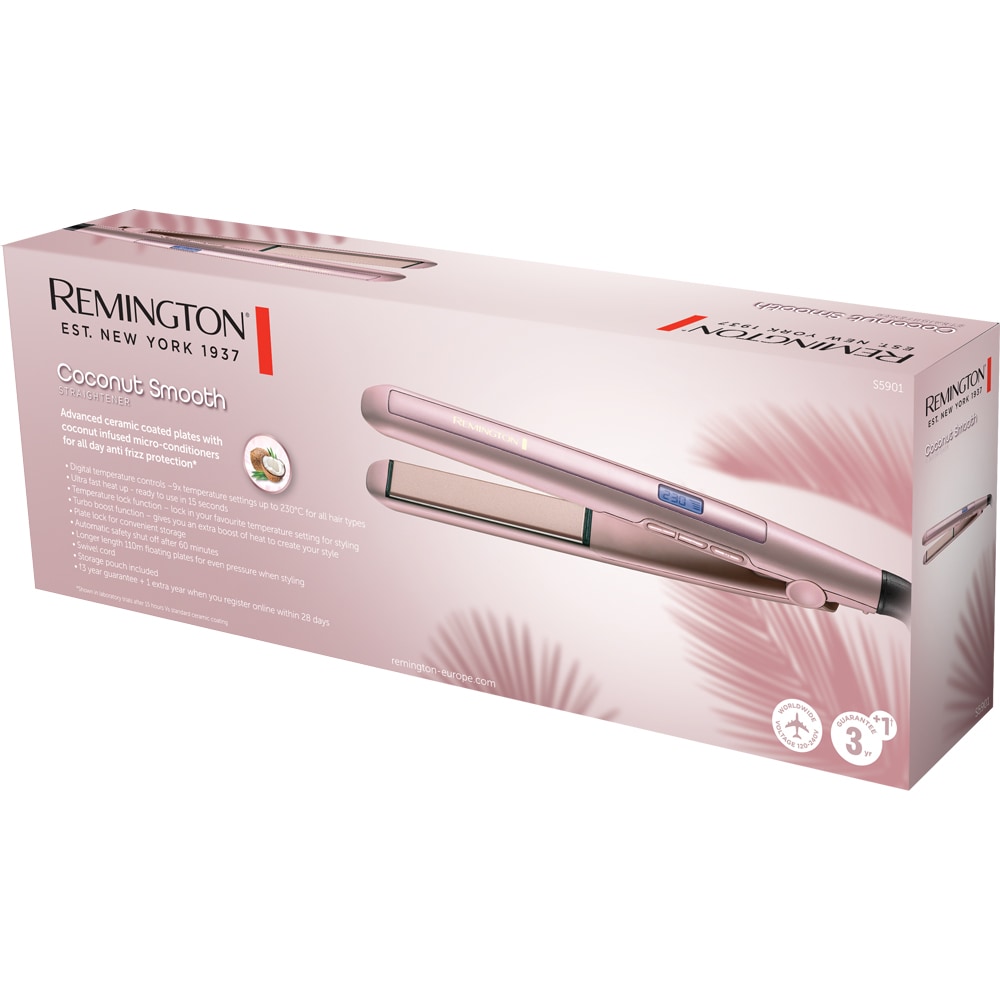 Placa de indreptat parul REMINGTON Coconut Smooth S5901, 230 grade, invelis ceramic, roz