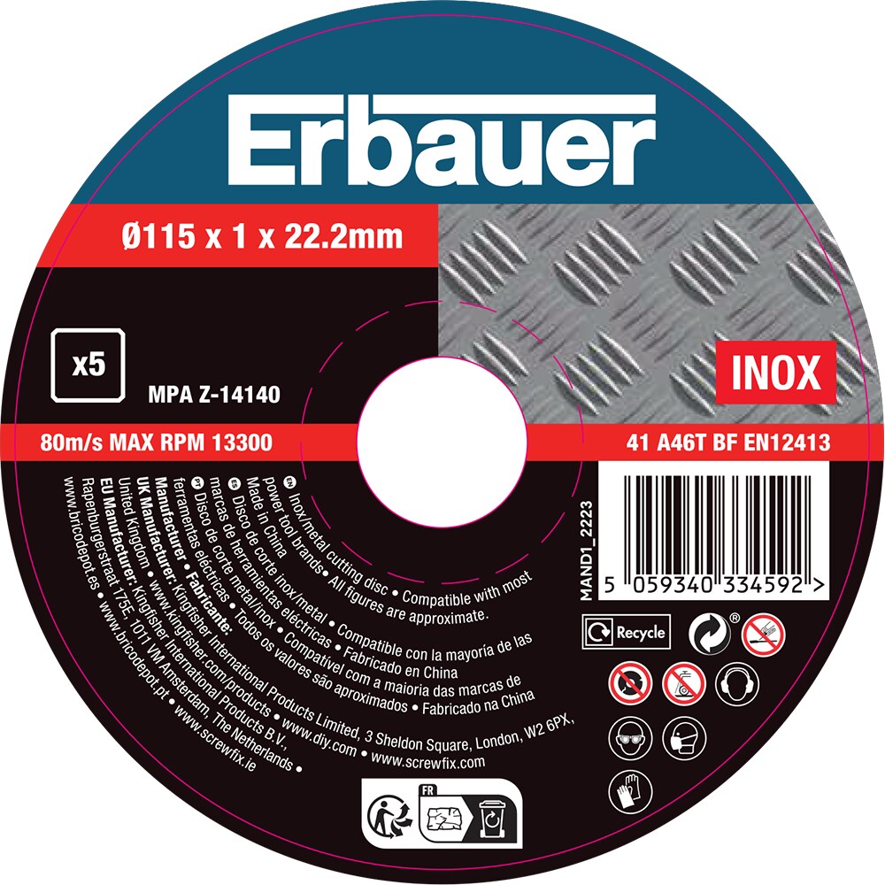 Disc polizor ERBAUER, metal, 115x22.2mm, 5 bucati