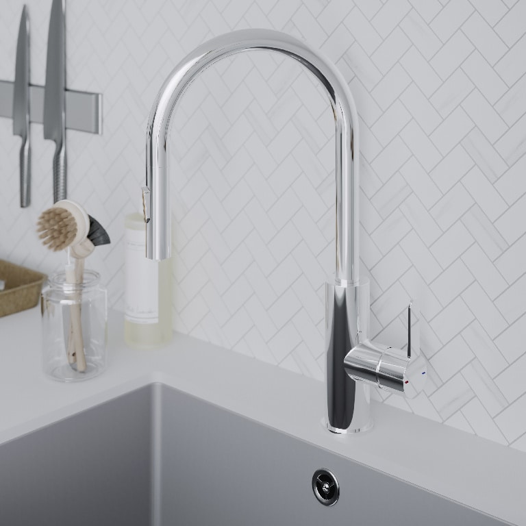 Baterie bucatarie GoodHome Zanthe, dus extractibil, alama, argintiu