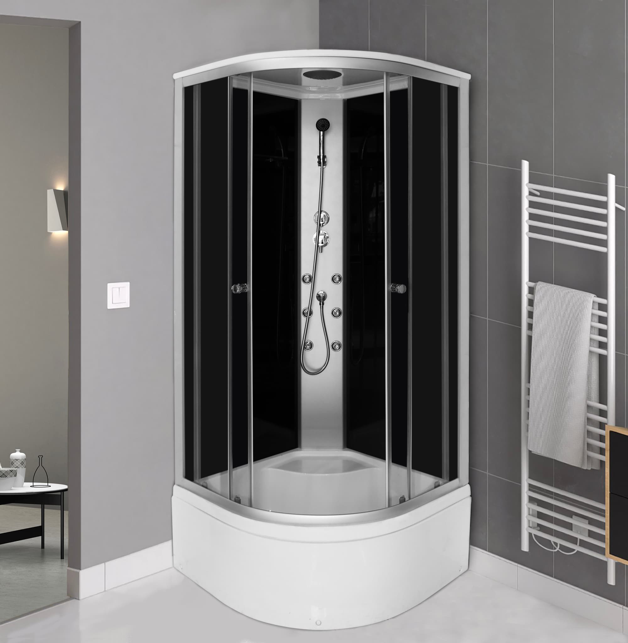 Cabina de dus Briska, 90 x 90 x 210 cm, semirotunda, sticla securizata 4mm, profil crom