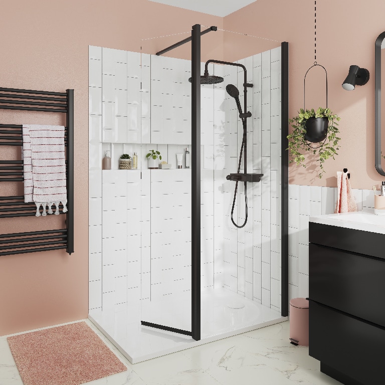 Cabina de dus walk-in, 125 x 195 cm, sticla si aluminiu, transparent/negru