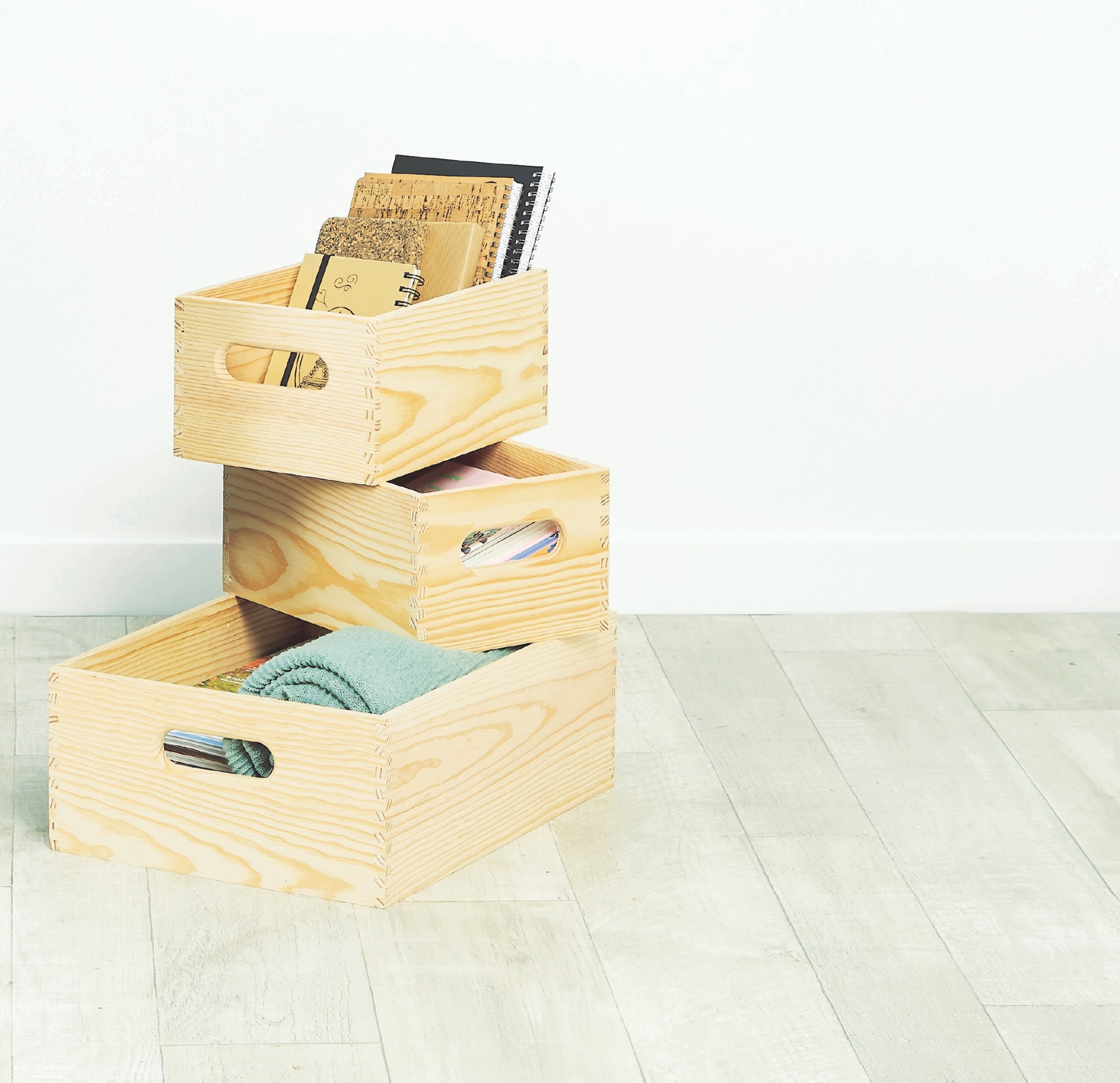 Set 3 cutii depozitare, lemn, sarcina maxima 4 kg, bej