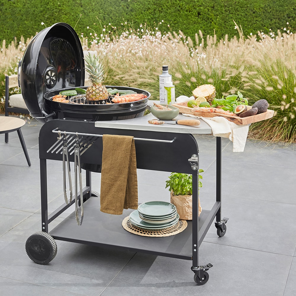 Gratar carbune GOODHOME BBQ Elland, 57cm, 1 suprafata, 4 role, negru