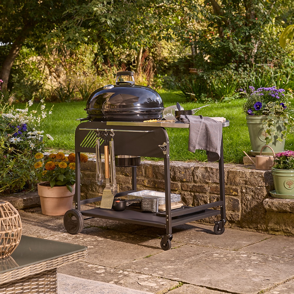 Gratar carbune GOODHOME BBQ Elland, 57cm, 1 suprafata, 4 role, negru