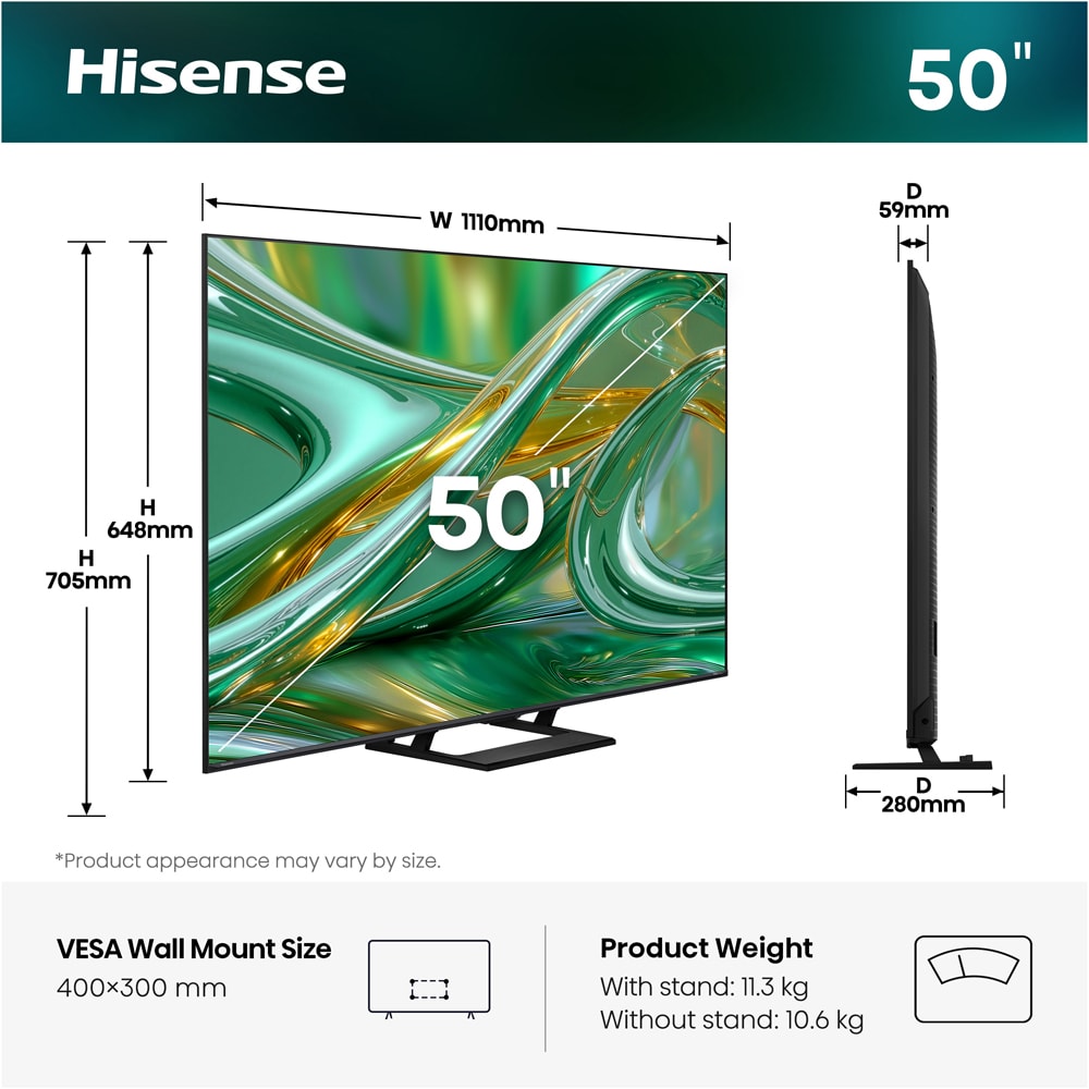 Televizor Mini-LED ULED Smart HISENSE 50E8S, Ultra HD 4K, HDR, 126cm