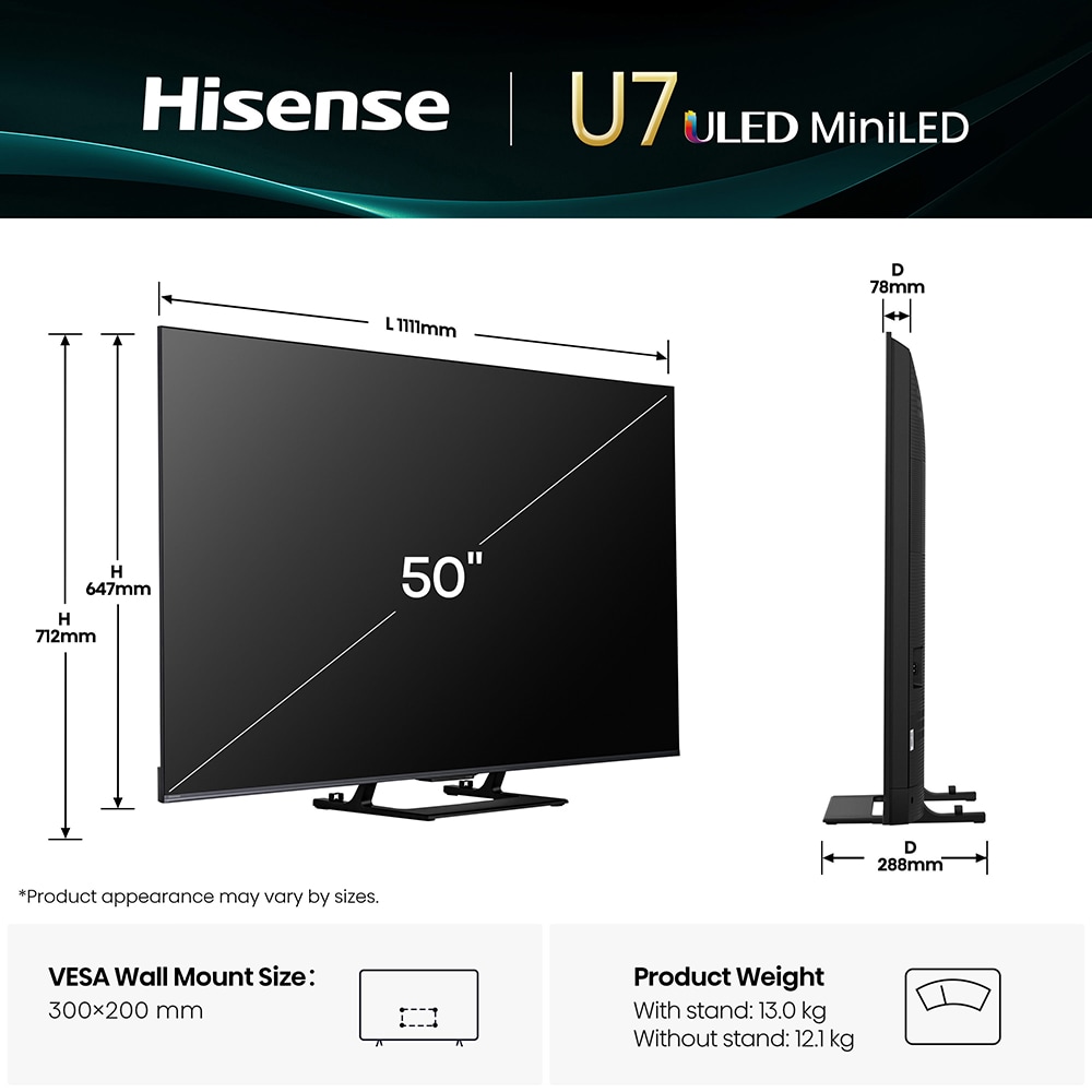 Televizor Mini-LED ULED Smart HISENSE 50U7Q, Ultra HD 4K,126cm