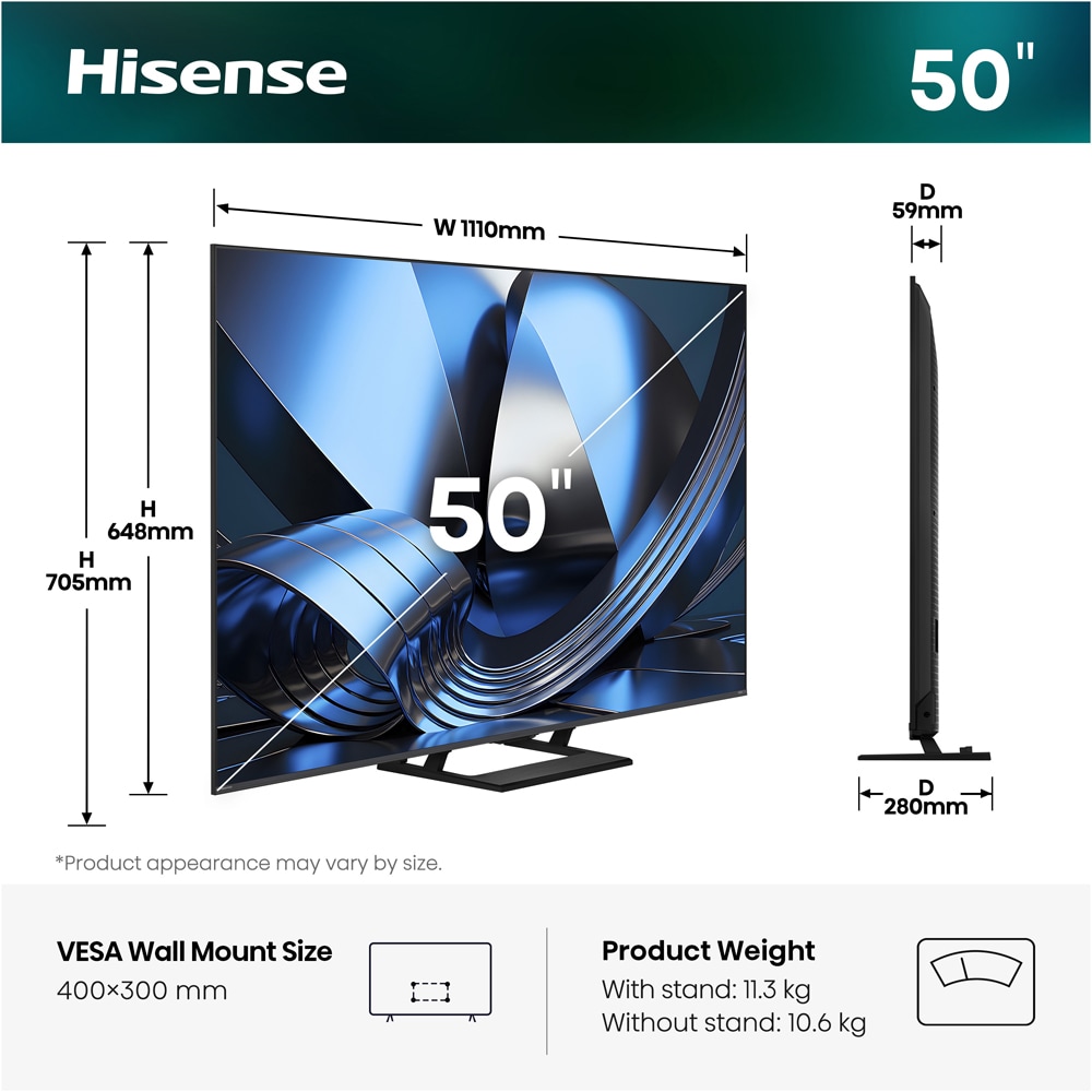 Televizor Mini-LED ULED Smart HISENSE 50U7S, Ultra HD 4K, HDR, 126cm