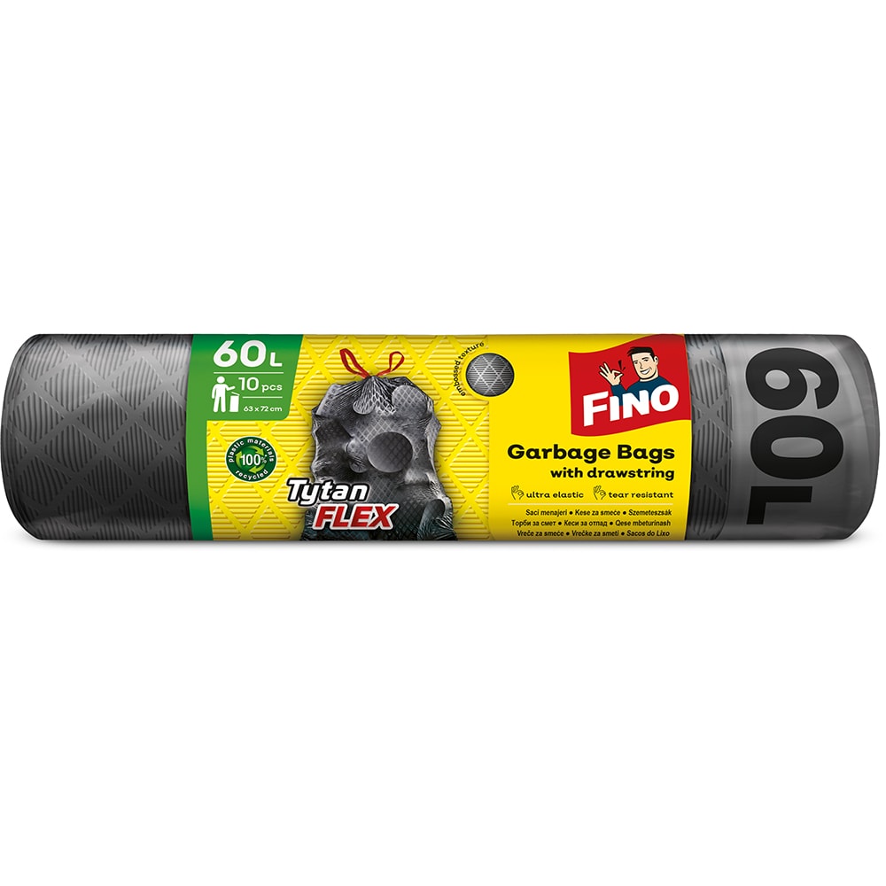 Saci menajeri cu snur FINO Tytan Flex, 10 bucati, 60 l, gri