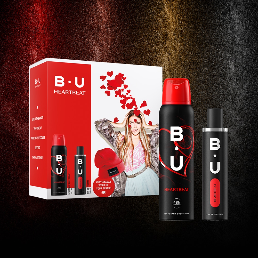 Set ingrijire corp B.U Heartbeat: Apa de toaleta, 50ml + Deodorant spray, 150ml + caciula