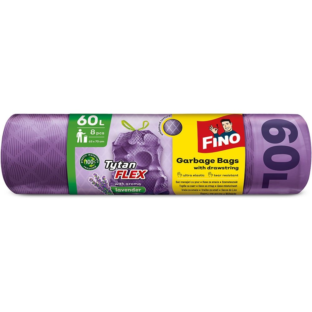 Saci menajeri cu snur FINO Tytan Flex, 8 bucati, 60 l, mov