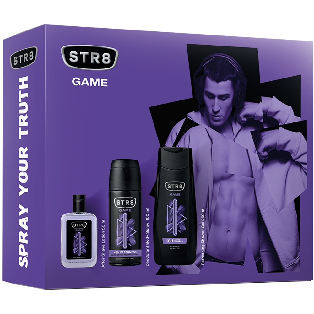 Set ingrijire corp si ten STR8 Game: Lotiune after shave, 50ml + Deodorant spray, 150ml + Gel de dus, 250ml