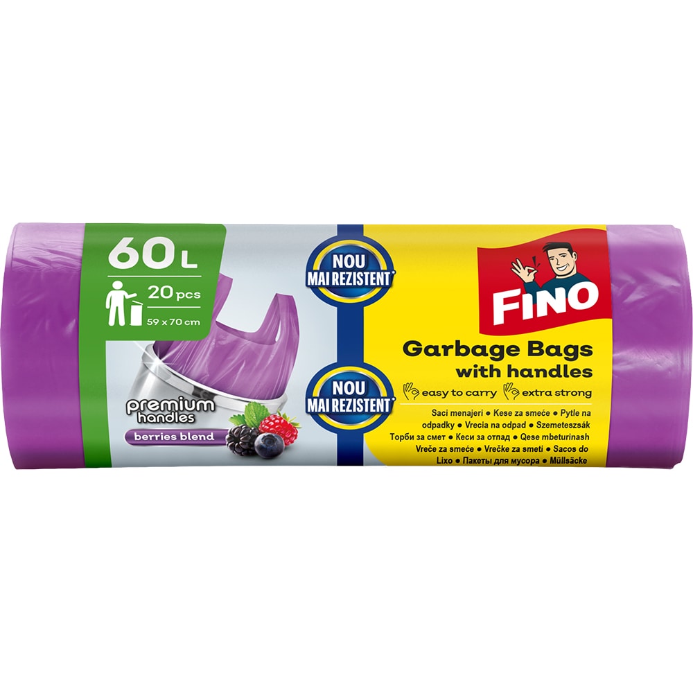 Saci menajeri cu manere FINO Premium, 20 bucati, 60 l, mov