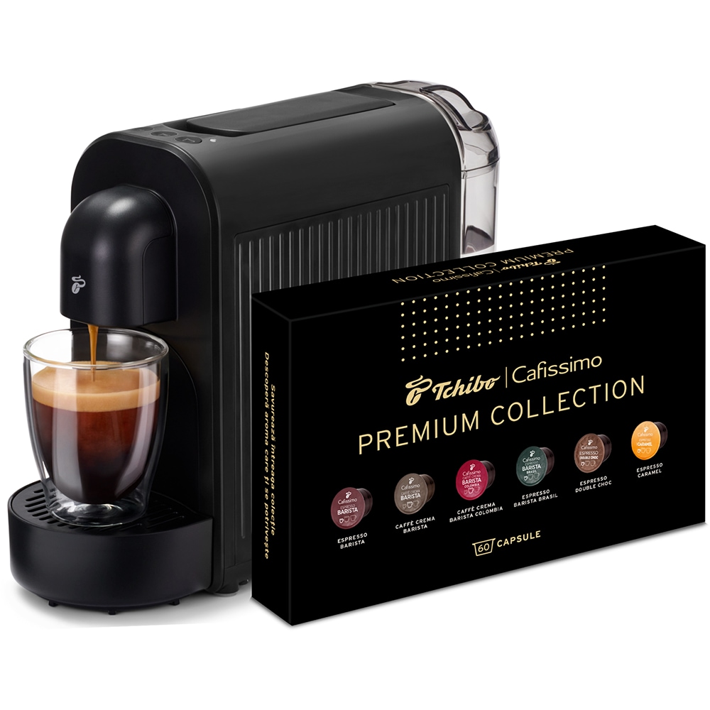 Pachet: Espressor capsule TCHIBO Cafissimo Now + 60 capsule Premium Collection 544196, 0.65l, 1250W, 15 bar, negru